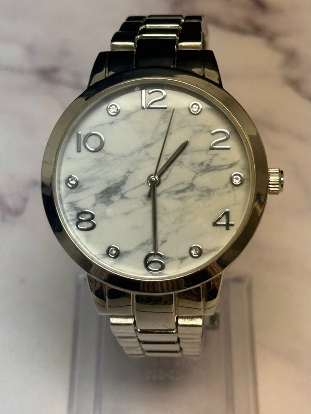 3/$30 Womens Watch Silver Tone White Grey Marble Dial 38MM New Battery 7"